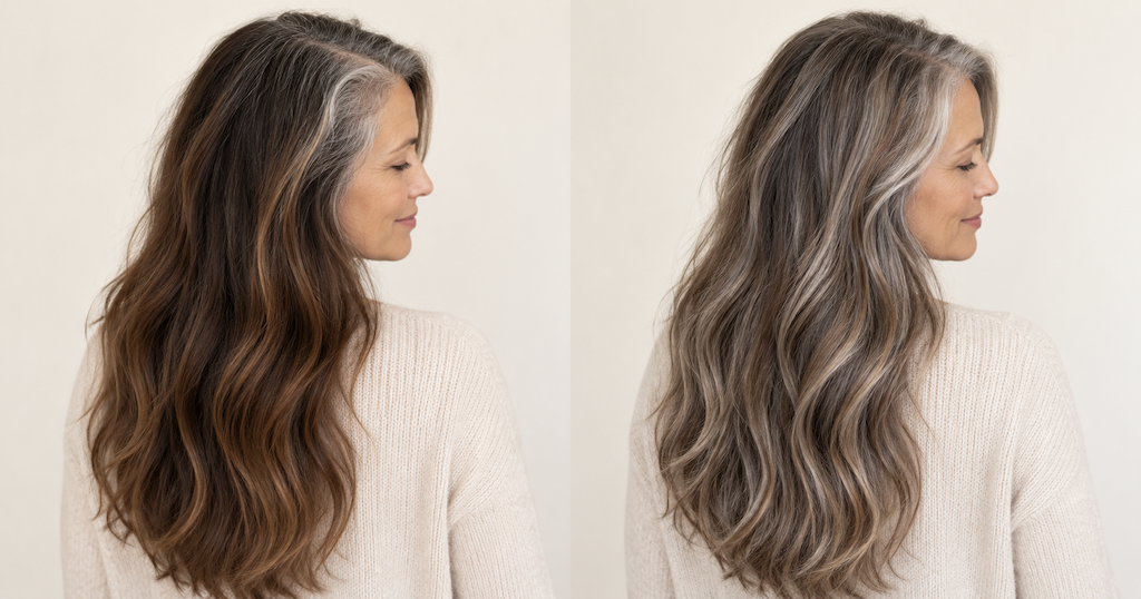 Μετάβαση σε γκρίζα μαλλιά πριν και μετά με gray blending